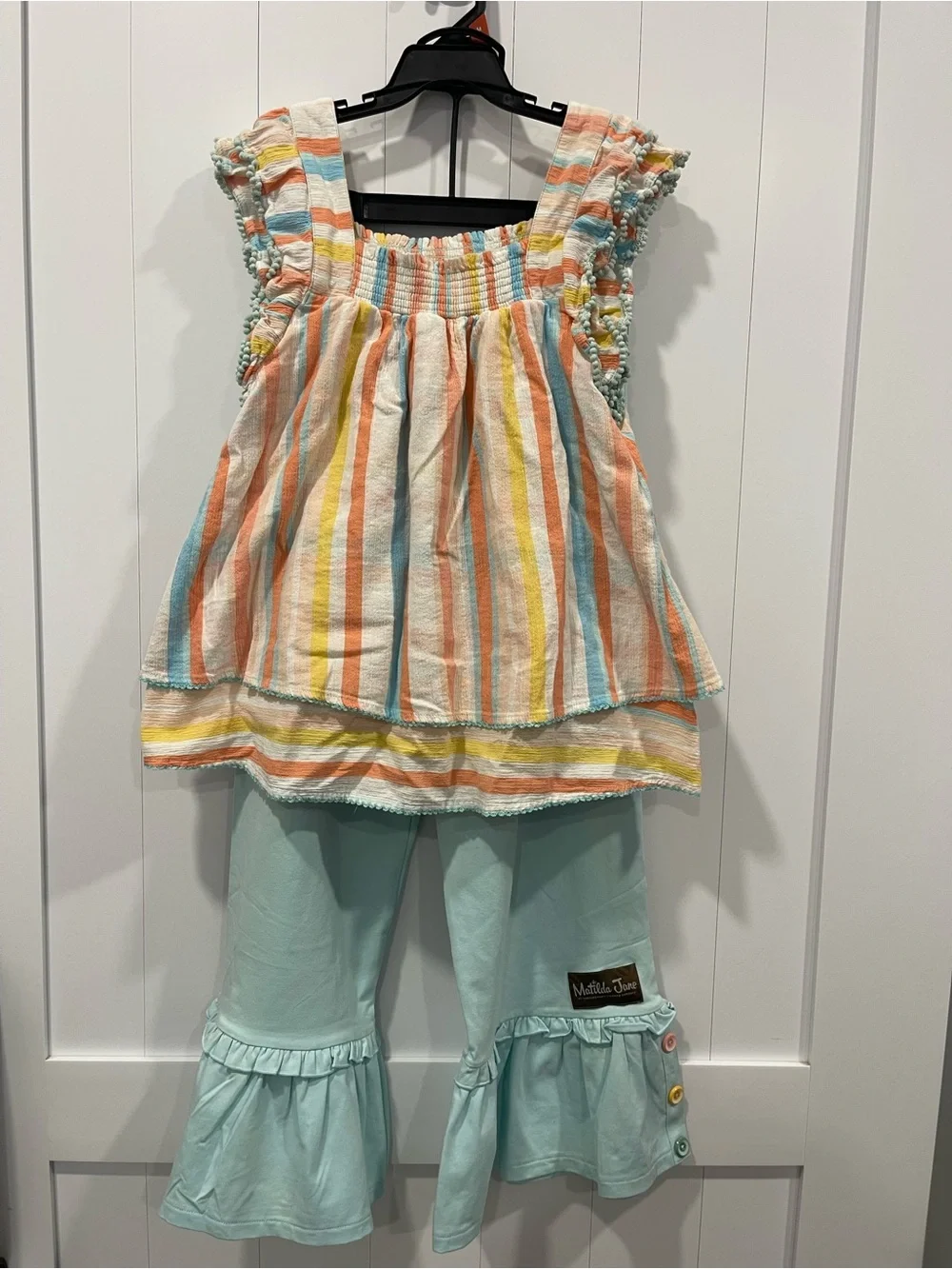 Matilda Jane Pastel Striped Flutter Top (not new) with Mint Ruffle Capris NWT 10